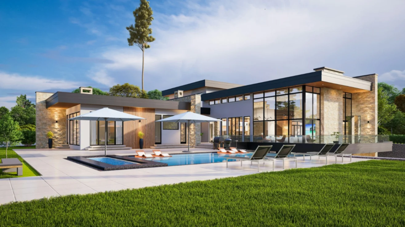 Contemporary house exterior remodel with clean geometric lines, large glass windows, and warm cedar wood accents