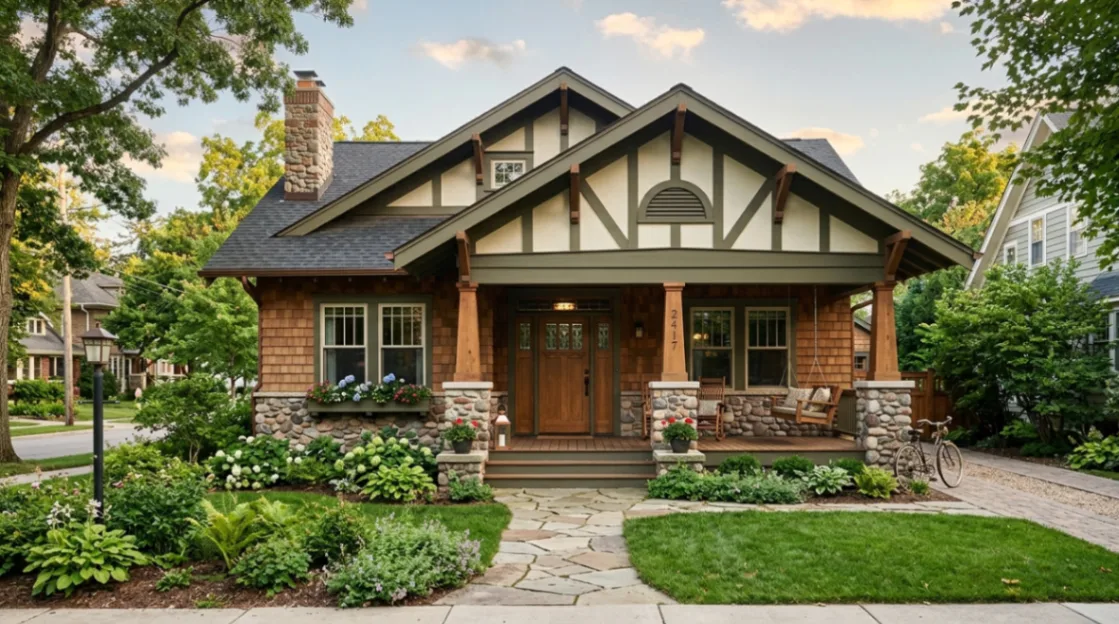 Craftsman bungalow home exterior showcasing stone porch pillars, timber brackets, and earthy green siding