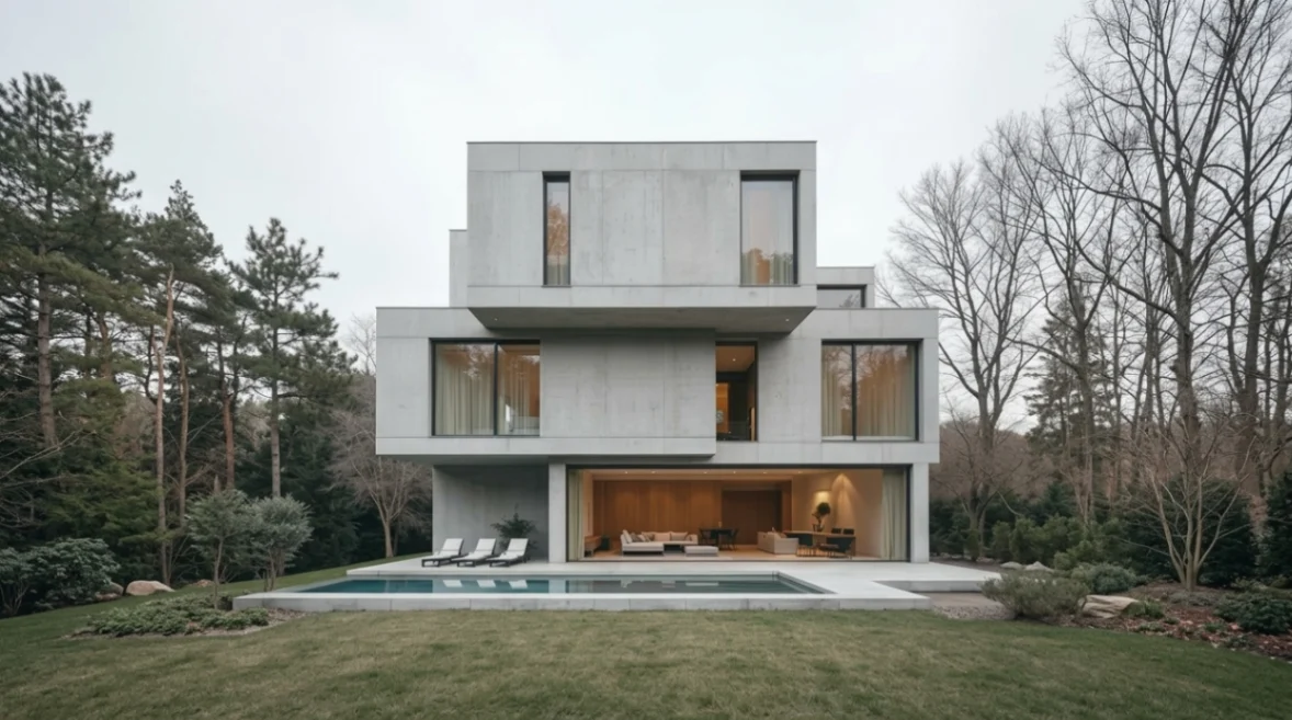 Minimalist house exterior with smooth white stucco facade, seamless glass integration, and modern entry