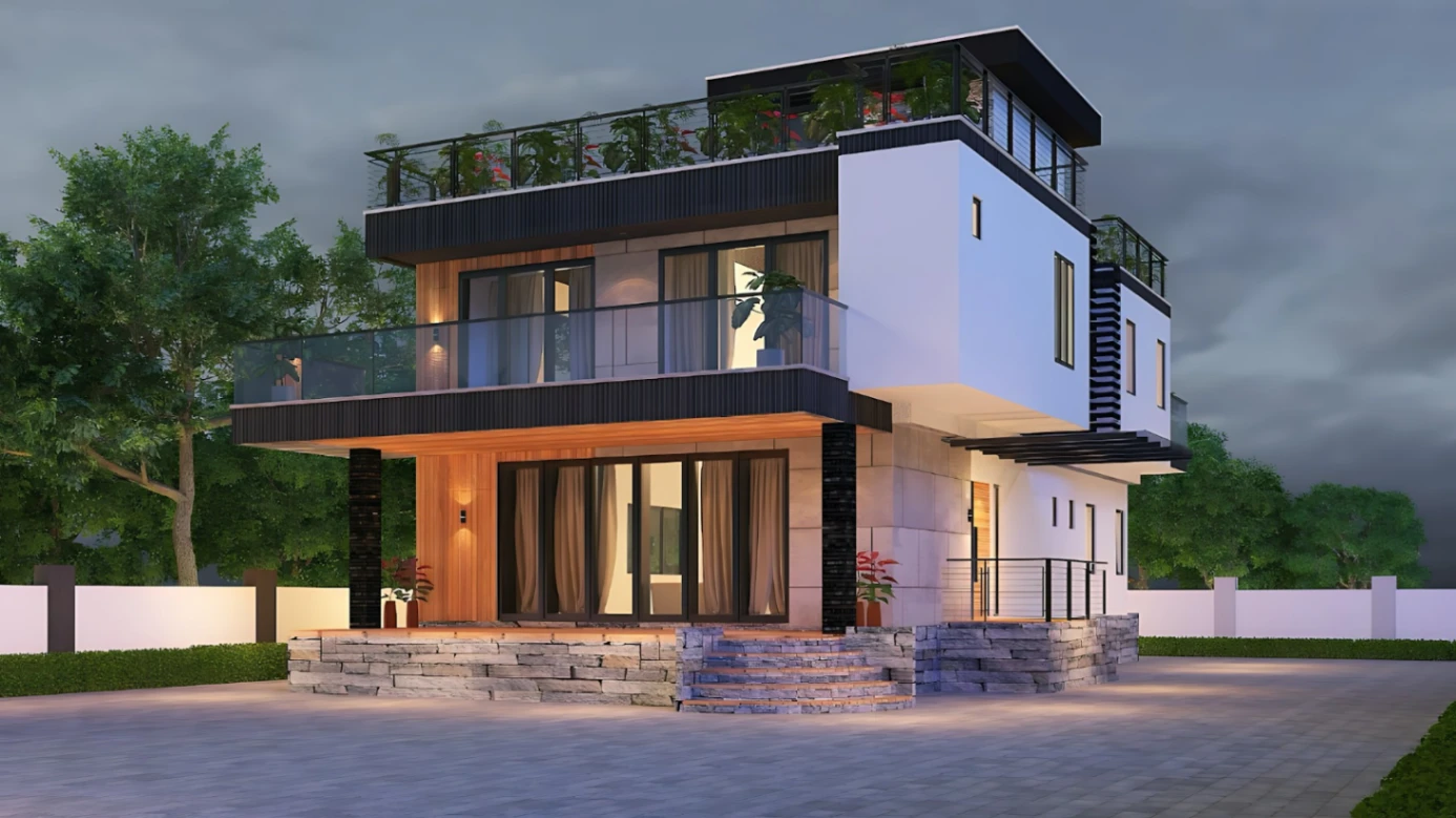 Modern house exterior design highlighting sleek dark siding, concrete elements, and ambient facade lighting