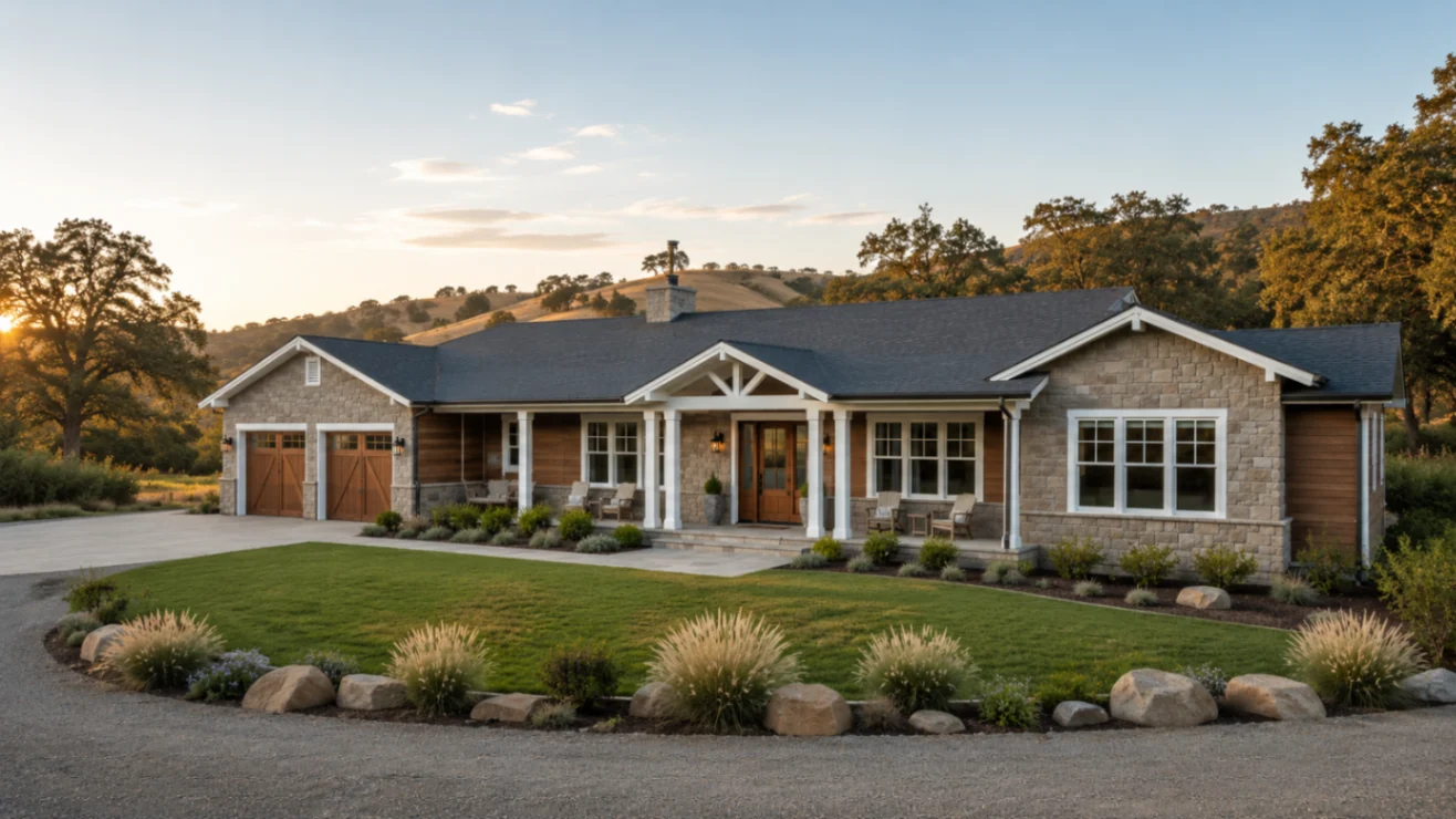 Modern ranch house exterior makeover with horizontal siding, dark trim, and updated modern curb appeal