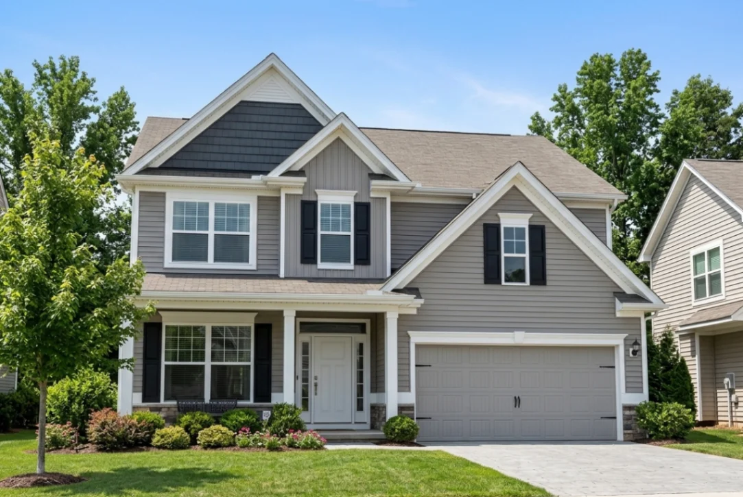 Virtual curb appeal staging and exterior material visualizer showing horizontal gray vinyl siding with stone foundation