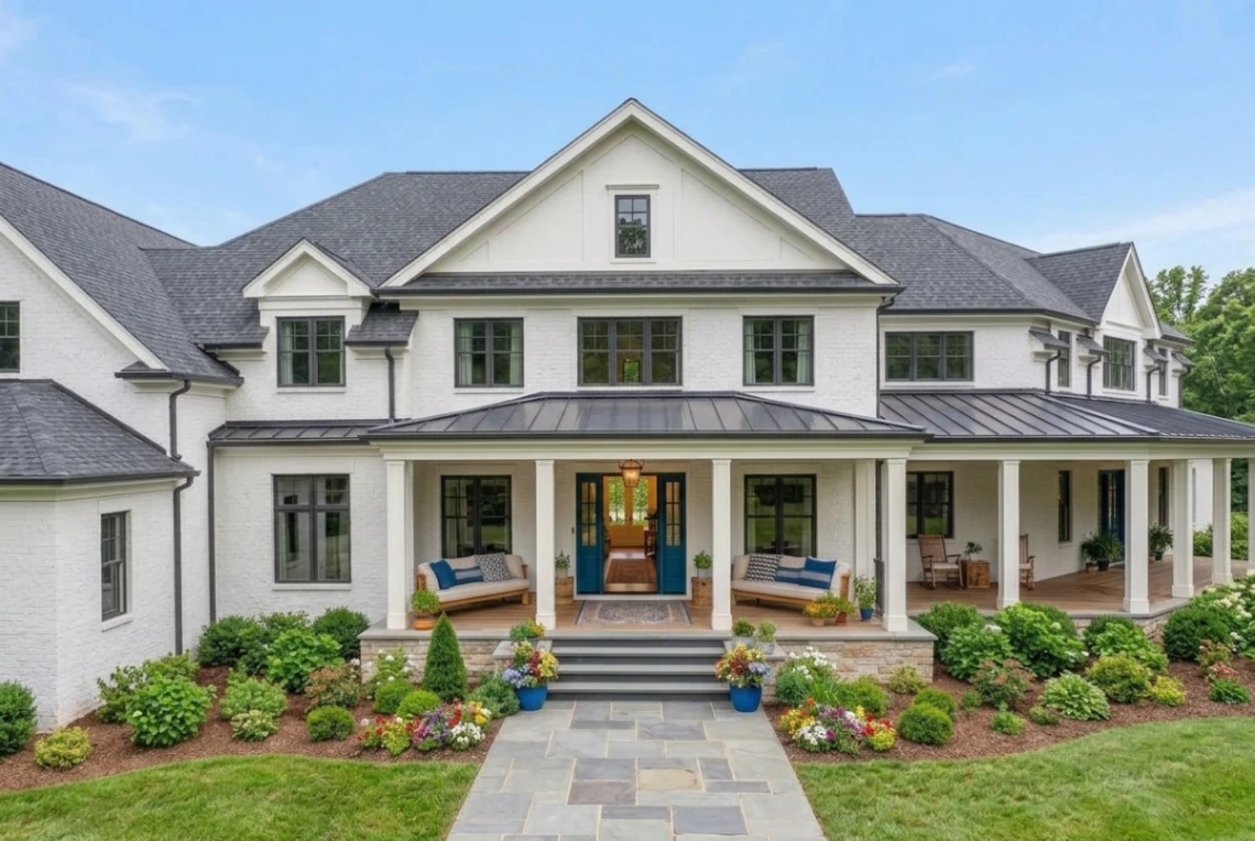Modern farmhouse front door design visualizer featuring double teal entry doors, flagstone porch, and black lighting fixtures