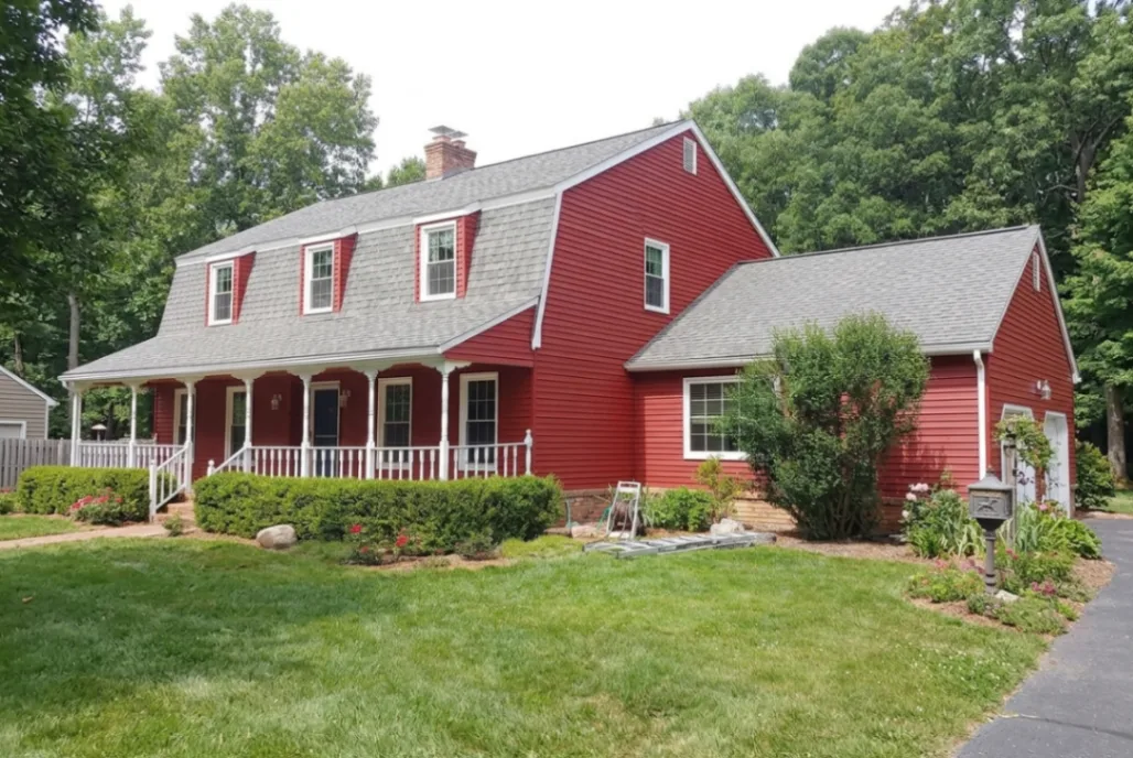 House exterior paint color preview showing rich terracotta red Sherwin-Williams Fireweed SW 6328 on siding