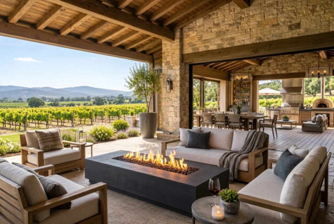 Outdoor living room and modern patio kitchen design with stone countertop bar and pergola overlooking vineyard