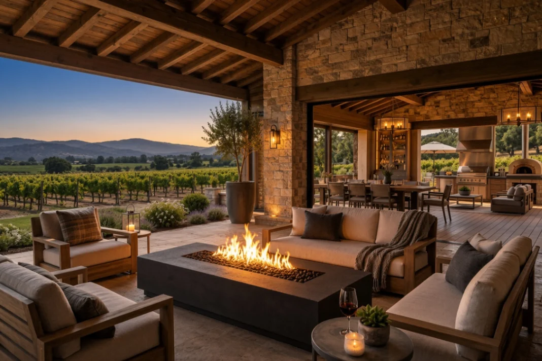 Luxury covered patio and outdoor kitchen design with built-in BBQ grill, firepit table, and vineyard views at dusk